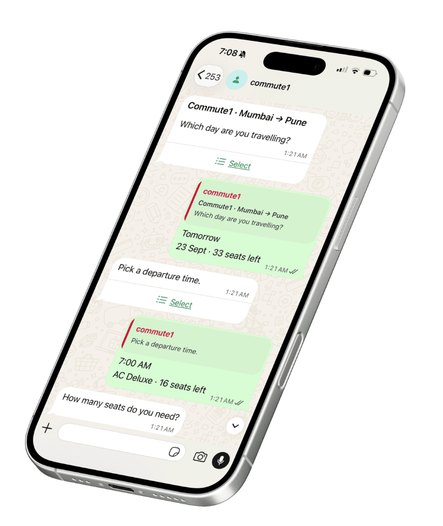 A Commute1 booking chat on WhatsApp: pick a day, a departure time and the number of seats